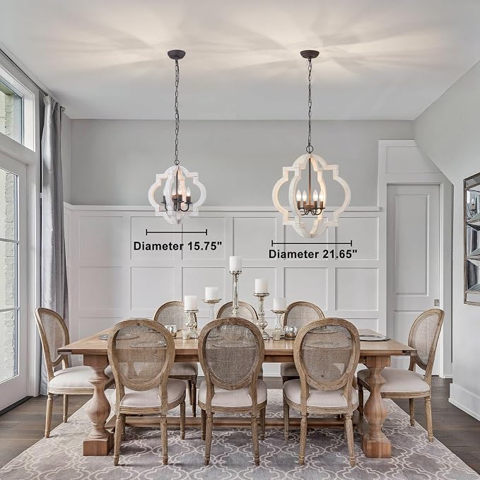 16" Farmhouse Chandelier Distressed White Wood Dining Room Light Fixture | Oak, Rustic Country Style, 4-Light Lantern Hanging Pendant Light For Foyer Entryway Kitchen Island Bedroom Stair Over Table