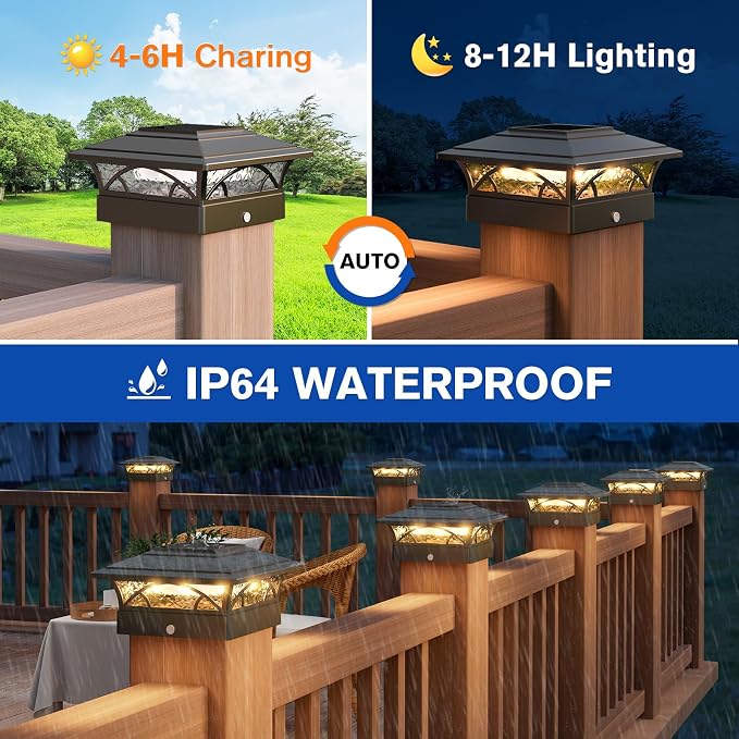APONUO Solar Post Cap Lights 12 Pack - 4x4 5x5 6x6 Fence Post Lights, Auto On/Off, Waterproof IP64, 2-Mode (Warm/Cool White), Deck Patio Yard Solar Light for Wood & Vinyl Posts, Black