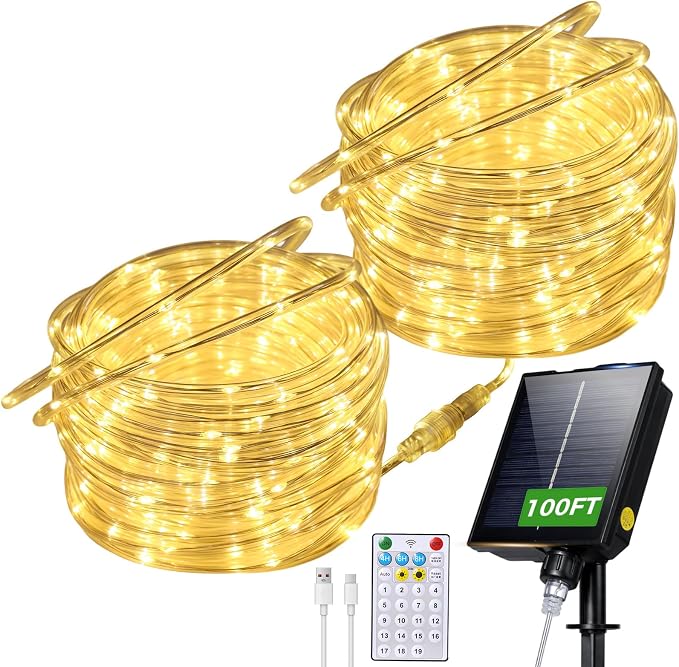 Connectable 100FT 600LED Solar Rope Lights Outdoor Waterproof | 1.97'' LED Spacing More Brighter, USB & Solar Powered Fairy Lights for Outside Yard Tree Pool Christmas Decor, Warm White