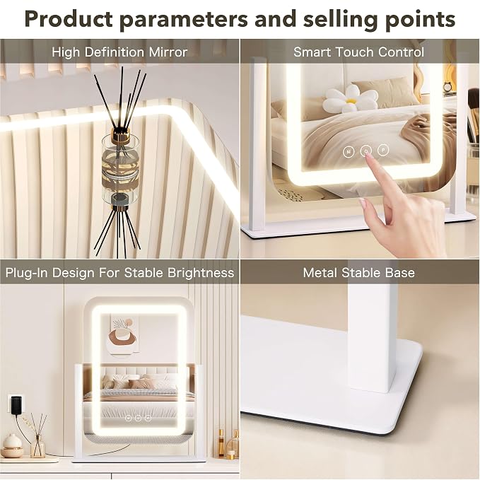 Vanity Mirror with Lights, 12"×13.9" Makeup Mirror with LED Lights, Lighted Makeup Mirror with Smart Touch Control & 3 Dimmable Color Modes, Mirror with Lights for Desk, Bedroom, Dressing Room