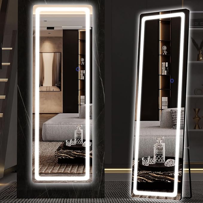 Hasipu Full Length Mirror with Lights, 56" x 16" LED Floor, Full Body Dressing Standing, Hanging Mounted Mirror, Round Black