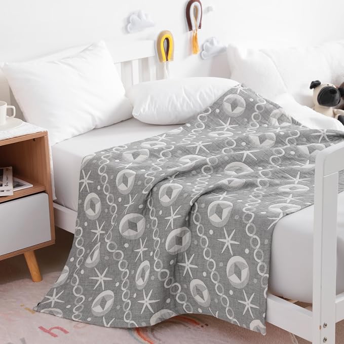 NTBAY 3 Layer Muslin Toddler Blanket, 30 x 40, Grey Starfish | Breathable Muslin Cotton Outer Layers with Light Thermal Fill, Reversible for Stroller, Daycare, Travel, and Supervised Use