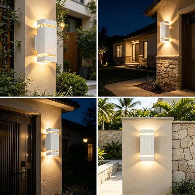 JYV Square Outdoor Wall Lights, Up and Down Porch Lights, White 2 Pack | Aluminum Exterior Lighting Fixtures with 2 * 7W Bulbs 3000K, Waterproof Outdoor Sconces Wall Lighting, for House Porch Garage