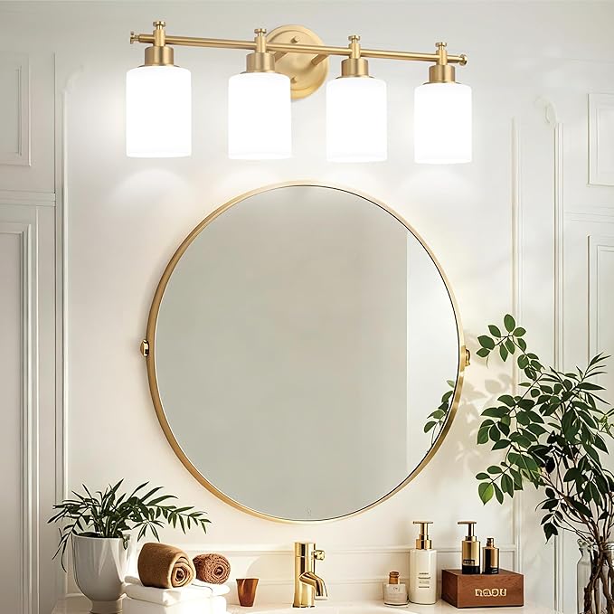 4-Light Bathroom Vanity Light, Brushed Gold Vanity Lights for Bathroom, Modern Brushed Gold Wall Sconce with White Glass Shades, Anti-Rust Light Fixtures over Mirror (Bulbs Not Included, E26 Base)