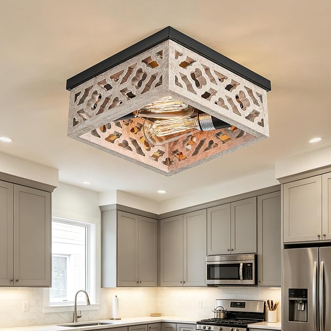 Tarentlight Farmhouse Flush Mount Ceiling Lights, Matte Black Metal & Distressed White MDF Vintage Close to Ceiling Light Fixtures for Kitchen Bedroom DiningRoom Hallway Entryway Foyer Closet Laundry