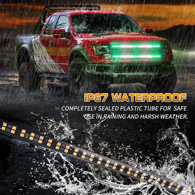 XRIDONSEN 2PCS 30 inch Green White Grill Emergency Lights Strip 360 LED Truck Tailgate/Rear window/Grill Strobe Lights Warning Hazard Safety Caution Lights for Tow Plow Trucks Firefighter Vehicles POV