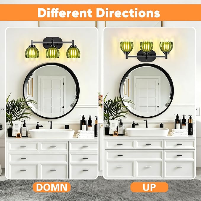 Bathroom Vanity Light, 3-Light Vanity Lighting Fixtures with Green Tulip Glass Shade, Modern Bathroom Wall Mount Lamp, Black Vanity Lights Over Mirror for Living Room, Hallway, Cabinet, Porch