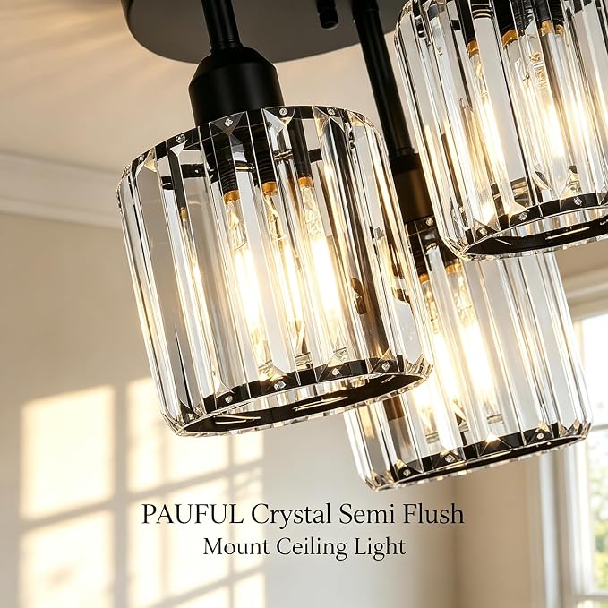 PAUFUL Crystal Semi Flush Mount Ceiling Light,3-Light Modern Close to Ceiling Light Fixtures,Black Kitchen Light Fixtures with Clear Crystal Shade,Hallway Light Fixtures for Hallway Bedroom Bathroom