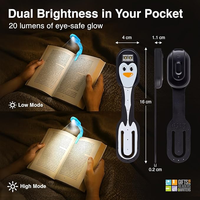 Gifts for Readers & Writers Rechargeable Book Light, Clip On Reading Light for Bed, 2in1 Flexilight & Bookmark, 12 Hours of Light Once Charged, Includes USB Cable & 2 LED Lights, Penguin