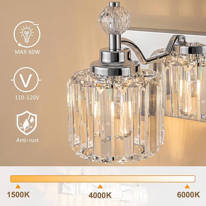 Chrome Light Fixtures, 3 Light Bathroom Vanity Light with 42pcs Crystal Sheet, 22in Modern Vanity Light, Bathroom Lighting Fixtures Over Mirror