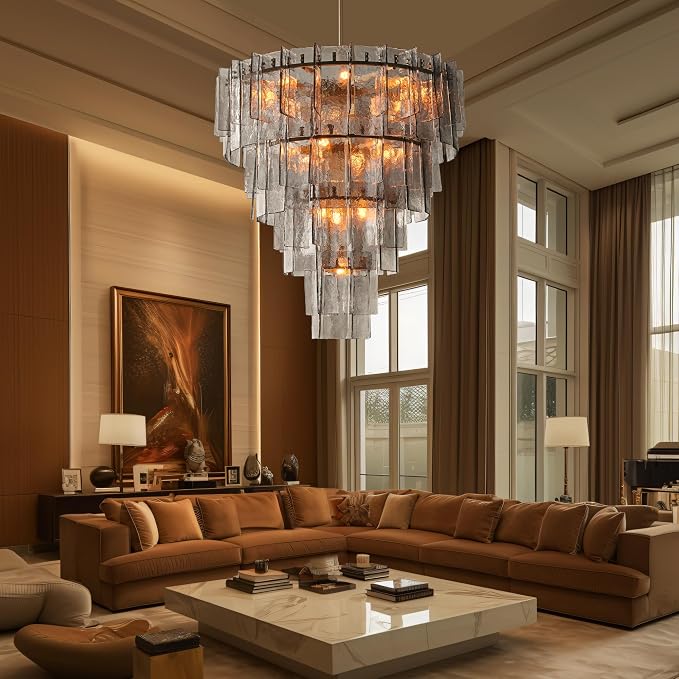 47" Extra Large Tiered Smoked Clear Textured Glass Chandelier, 18-Light Modern Large Pendant Lighting with E26 Sockets, 77" Adjustable Rods, Ceiling Fixture for Dining Room, Living Room, Foyer (Gold)