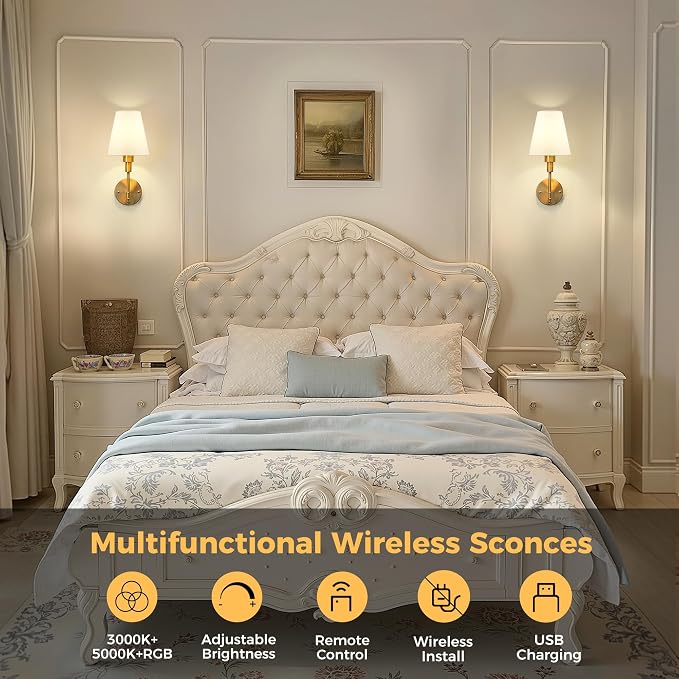 Battery Operated Wall Sconce: Set of 2 Wireless Wall Light 12000mAh | 15 Color Rechargeable Wall Sconces, Sconce Wall Decor Set of 2 for Bedroom, Living Room, Gold 14.8in