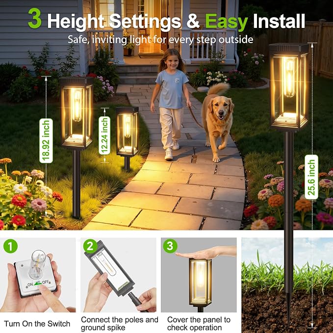 Tall Solar Lights Outdoor, 8 Pack Bright Pathway Lights Solar Powered | Waterproof, Auto On/Off, Up to 15Hrs Outdoor Light for Garden Yard Walkway Driveway Lawn Landscape