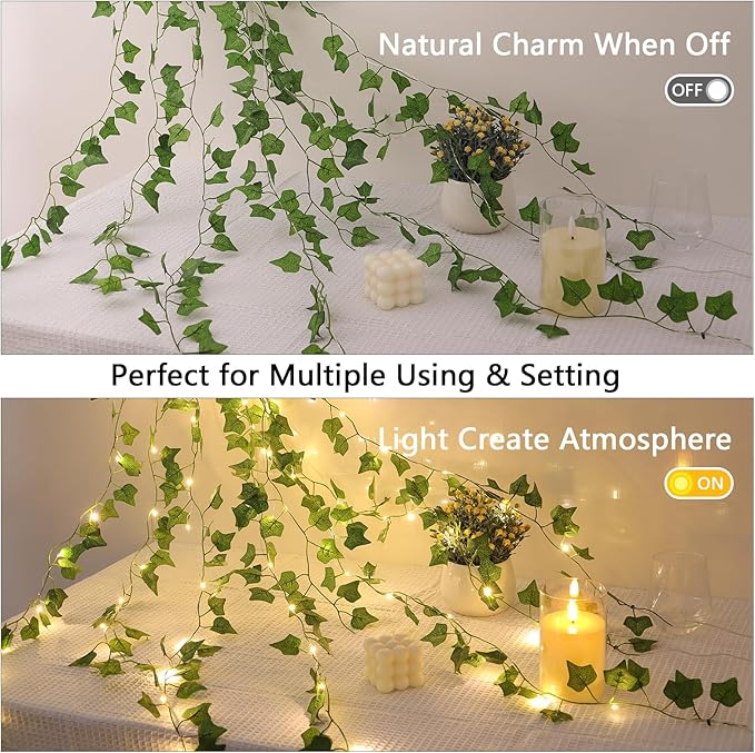 2 Pack Vines with Lights Battery Operated, 6.56ft 20 LED Vines with Fairy Light, Leaf Light with 8 Modes, Fake Vines Ivy String Lights for Bedroom, Wall, Room, Garden, Party Decor