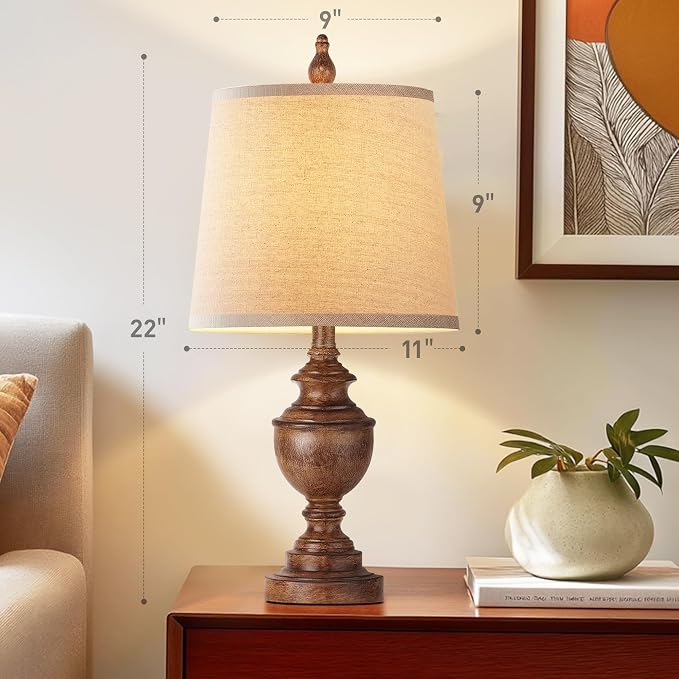 Retro Table Lamps Set of 2, Bedside Lamp for Bedroom Rustic Farmhouse Table Lamps for Living Room, Vintage Nightstand Lamps with White Shades, Wood Grain
