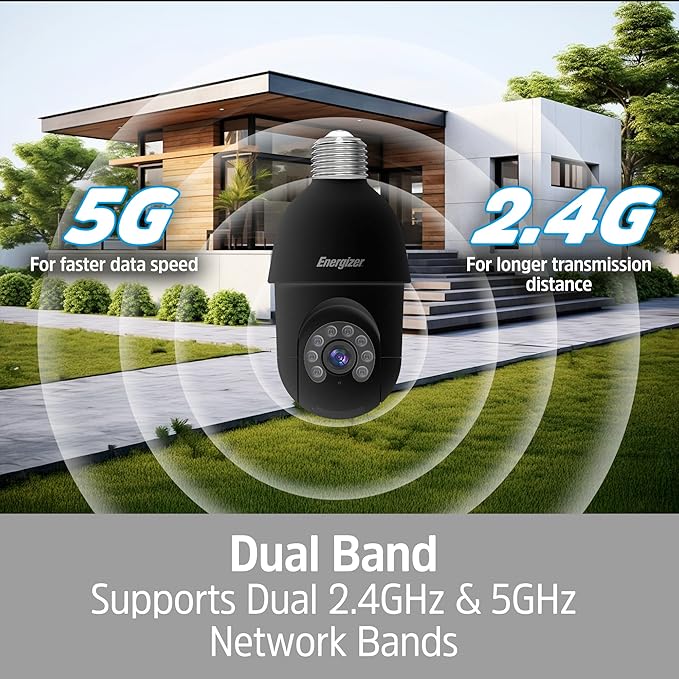 Energizer Smart Socket Camera, 2K QHD Outdoor Light Bulb Security Camera, 5GHz/2.4GHz, Pan & Tilt Auto Motion Tracking, 2-Way Audio, Night Vision, Recording, Alerts, Voice Control with Alexa & Google