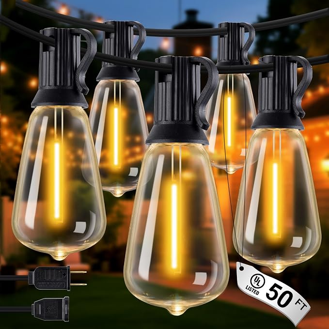 Patio String Lights 50FT LED, IP65 Waterproof ST38 Connectable Dimmable | Shatterproof PET, 27 Bulbs, Energy-Saving LED, for Garden, Backyard, Porch, Deck, Party, Cafe Decor