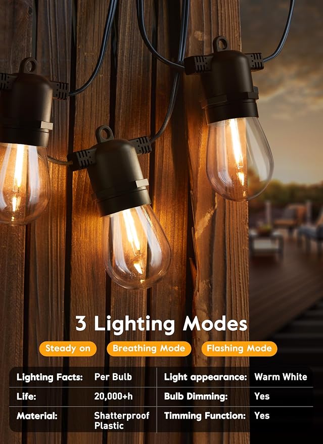 Minetom 34FT Solar String Lights Outdoor with Remote, Patio Lights | with 10 LED Shatterproof Bulbs and Hooks, E26 Socket and Type-C Port,Waterproof Hanging Lights for Outside Cafe Garden Bistro