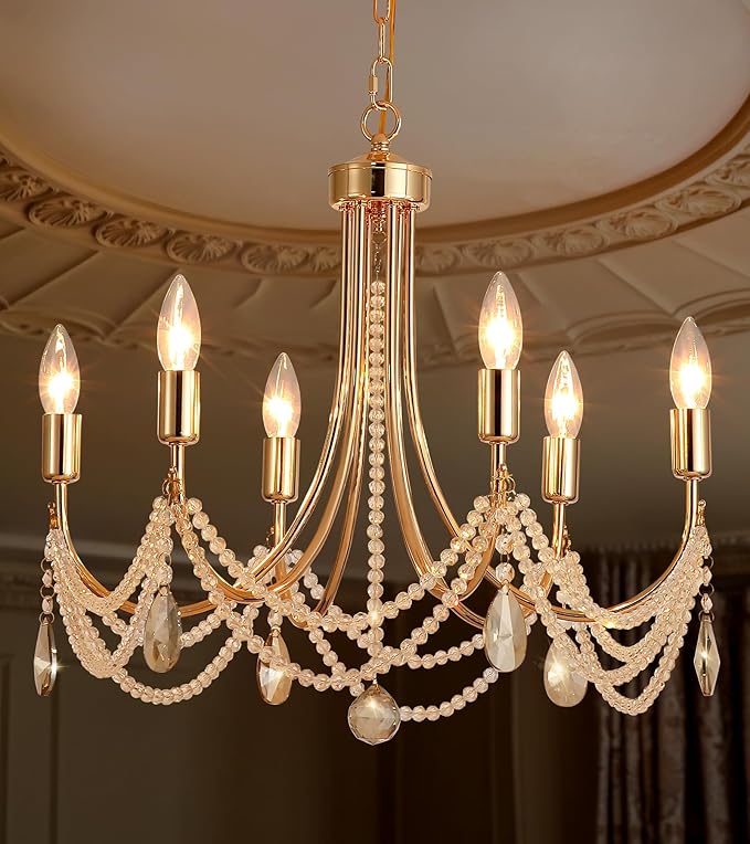 Crystal Chandelier with Pale Amber Gold Crystal, Modern Crystal Candle Hanging Pendant Lighting, French Country Gold Crystal Chandelier for Ceiling Medallions,Wedding,Dining,Kitchen,Foyer,Bedroom