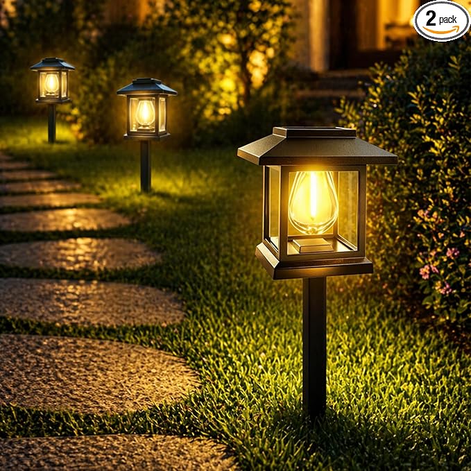 Solar Pathway Lights 2-Pack for for Yard Walkways | IP65 waterproof solar landscape lights. High-efficiency panels provide auto dusk-to-dawn glow for yard and driveway security