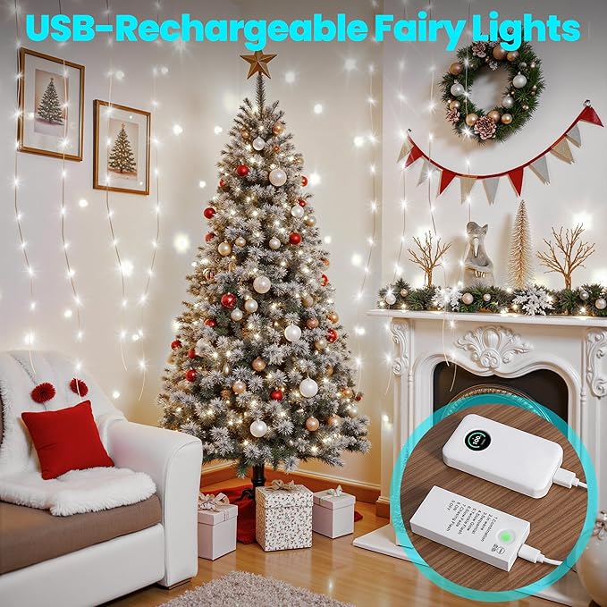 Mlambert LED Fairy Lights Battery Operated with Timer, Rechargeable Mini Twinkle Lights for Christmas Decor Holiday Party, 65.6FT(16.4x4), Cool White