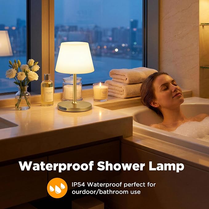 LUTEC Shower Lamp Waterproof, 6000mAh Rechargeable Cordless Table Lamp with 3 Color Temps and Stepless Dimming, Touch Control & Portable LED Nightlight for Bathroom, Desk, Outdoor(Gold)