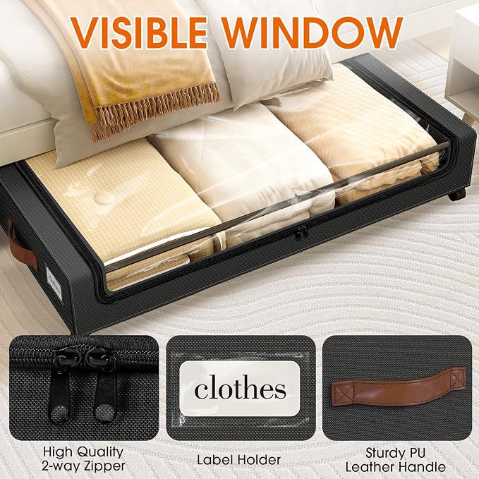 Under Bed Storage with Wheels 2Pack Storage Containers with Clear Window | Under Bed Drawers Rolling Under Bed Storage for Clothes,Shoes, Blankets (30.71 x 16.93 x 6.69 in, Black)