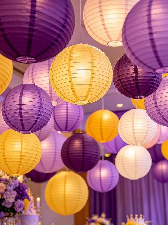 Purple Yellow Round Paper Lanterns Set of 12, 6/8/10 Inch Multi Colored Hanging Paper Lamp Decor for Basketball Party, Princess Gathering, Graduation, Birthday & Baby Shower Home Ornament