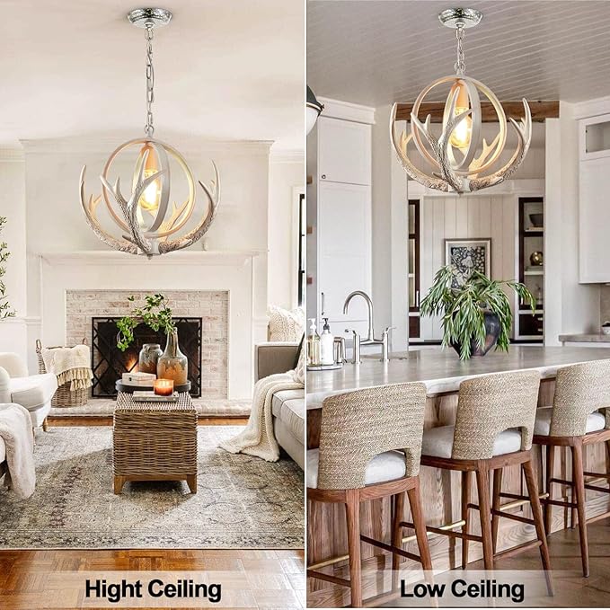 Rustic Antler Chandelier Dining for Dining Room, Unique Design Farmhosue 4 Antlers Chandeliers with Retro Globe Frame Antler Light Fixtures for Living Room Kitchen Foyer(Antique White)