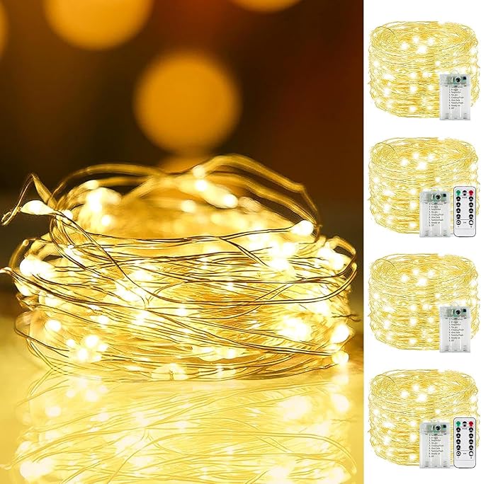 KAQ Fairy Lights Battery Operated with Remote, 4Pack 80FT 240LED Warm White | Timer and 8 Modes, Cuttable Starry Twinkle String Lights for Bedroom, Wedding, Classroom and Christmas Decor
