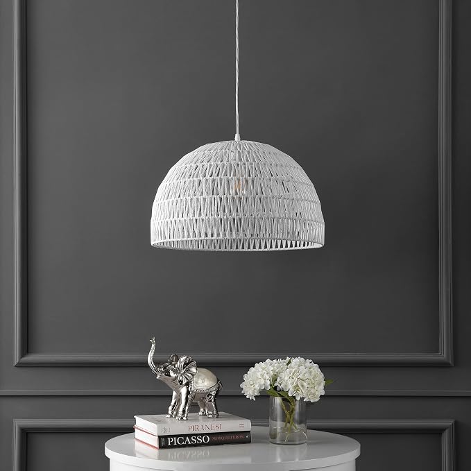 JONATHAN Y Campana 1-Light Pendant Dome Ceiling Lamp, 20", White | Modern Coastal Farmhouse Decor, Adjustable Height, Woven Rope Metal Frame, LED Bulb Included, UL Listed