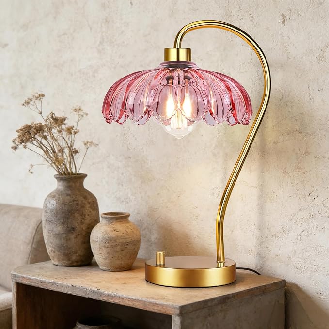 ILLMTW Pink Table Lamp Set of 2,Small Gold Bedside Lamps Dimmable Flower Bedroom Lamp with Glass Lamp Shade,Boho Vintage Mid Century Modern Mini Nightstand Lamp for Bedroom Living Room