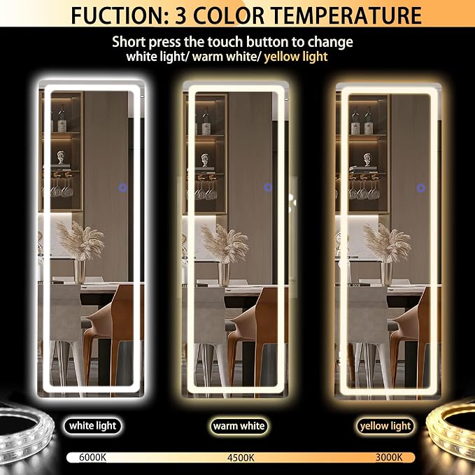 Hasipu Full Length Mirror with Lights, 56" x 16" LED Floor, Full Body Dressing Standing, Hanging Mounted Mirror, Round Black