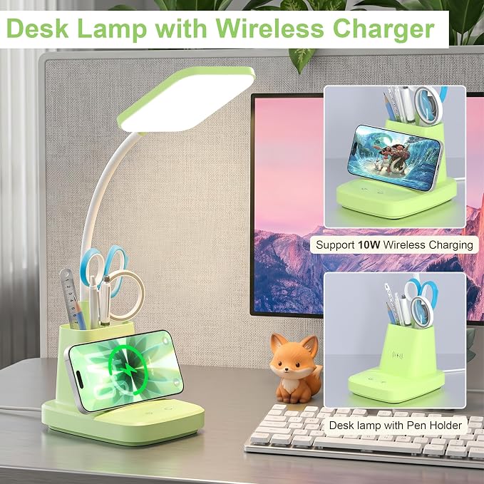 LED Desk Lamp with 10W Wireless Charging & Pen Holder, Light Green | CRI 95, 800LM, Stepless Dimming, 3 Modes, 360°Flexible Arm, Touch, Study Table Lamp for Home Office, Dorm Room, with Adapter