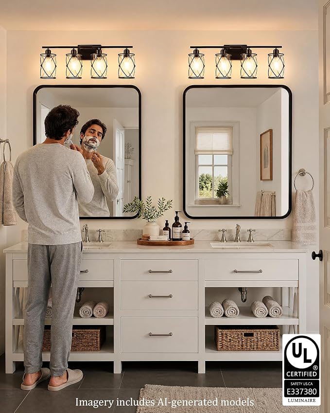 4-Light Oil Rubbed Bronze Bathroom Light Fixtures Over Mirror, 29" UL-Listed Modern Farmhouse Wall Sconce Lights with Clear Glass and Metal Cage for Bath, Hardwire E26, CH9176ORB-4W