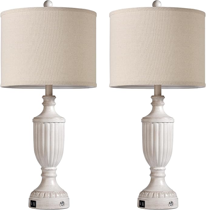 Farmhouse Table Lamps for Bedroom Set of 2, 27.5" Bedside Lamp with USB Ports, Dimmable Nightstand Table Lamp for Living Room