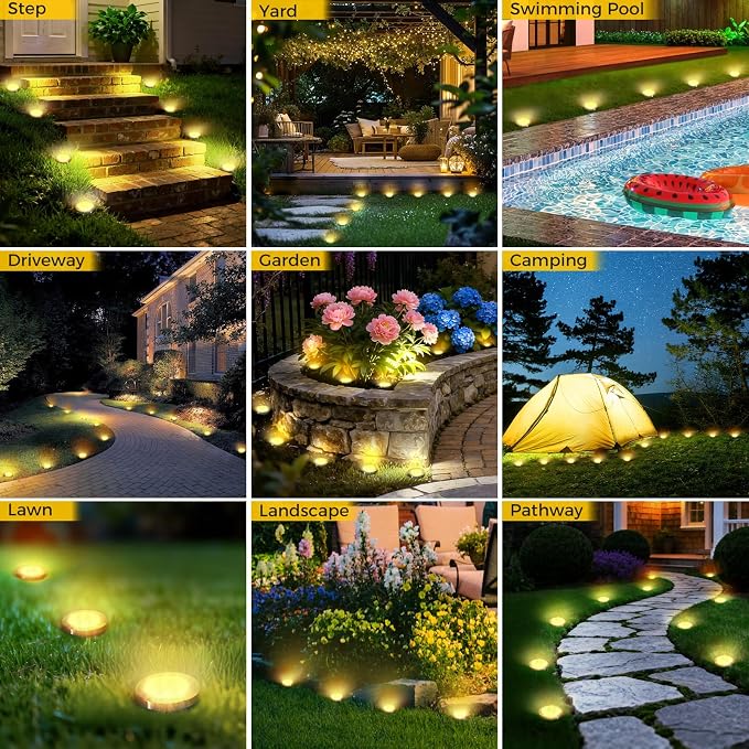 6 Pack Solar Ground Lights Outdoor, 8 LED Mini Flat Solar Disc Lights, IP65 Waterproof Pathway Lights Solar Powered, Landscape Lighting for Garden Walkway Driveway Yard Lawn,Warm White