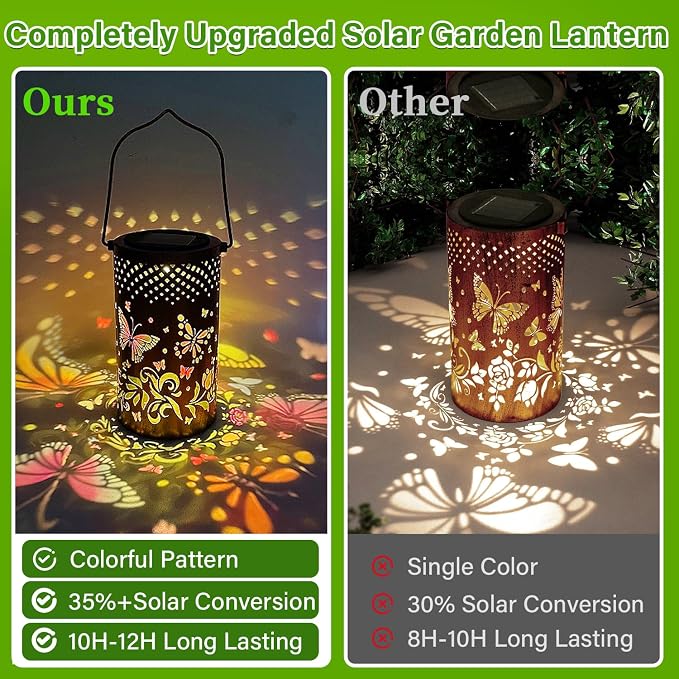 Colorful Solar Lanterns Outdoor Waterproof, Garden Decor LED Butterfly Solar Lights Gifts for Women Mom Sister Grandma, Metal Hanging Lantern for Outside Table Tree Garden Patio Yard Lawn Porch Decor