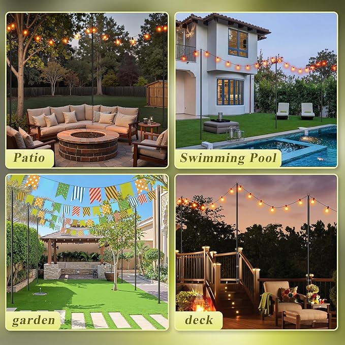4 Pack String Light Poles for Outside, 10Ft Adjustable Outdoor Light Poles for String Lights, Outdoor Lighting Stand with Fork for Patio, Deck, Backyard, Garden, Party & Wedding
