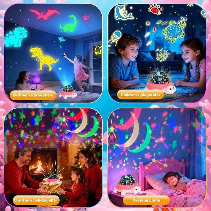 Pink Lucky Turtles Kids Night Light,3-8 Year Old Boys Toy Star Sky Projector Lamp 360° Rotation,4 LED Light Beads,16 Light Colors Adjustable,USB Cable Powered,Ceiling Ambiance Light for Kids Bedroom