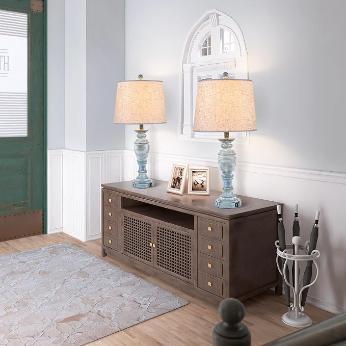27.7” Farmhouse Table Lamps for Living Room, Blue&White, Set of 2 | Table Lamps for Bedroom, Nightstands, Office, Bedside, 3 Way Dimmable Touch Contorl, USB A+C Ports, Bulbs Included