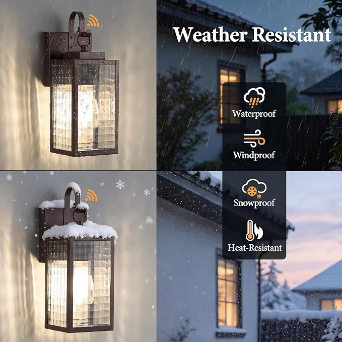 2-Pack 11.8" Oil-Rubbed Bronze Dusk to Dawn Outdoor Wall Light | Bronze Finish Ages Beautifully, Checkered Glass, Soft Glow, Auto Dusk to Dawn, Pre-Assembled DIY Install