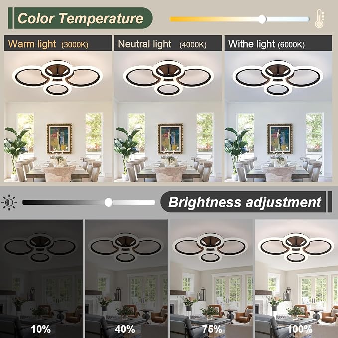 24" 40W Light Fixtures Ceiling Mount 1558LM Living Room Light Fixture | 3000-6500K Remote control APP Adjustable color temperature brightness Memory function Night light for Bedroom Kitchen Modern