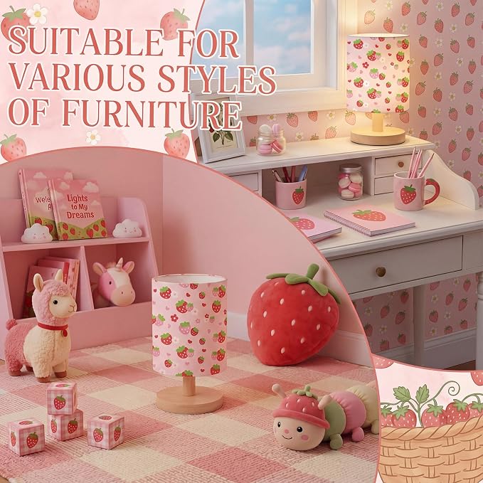 Strawberry Kids Table Lamp for Bedroom Kids Bedside Lamp with Linen Wooden Nightstand Cartoon Nursery Lampshade for Girls Boys Living Room