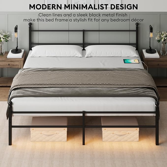 King Size Bed Frame with Headboard - Metal Platform Bed with LED Lights, Charging Station, Under Bed Storage and Heavy Duty Steel Slats Support - No Box Spring Needed, Easy Assembly, Black