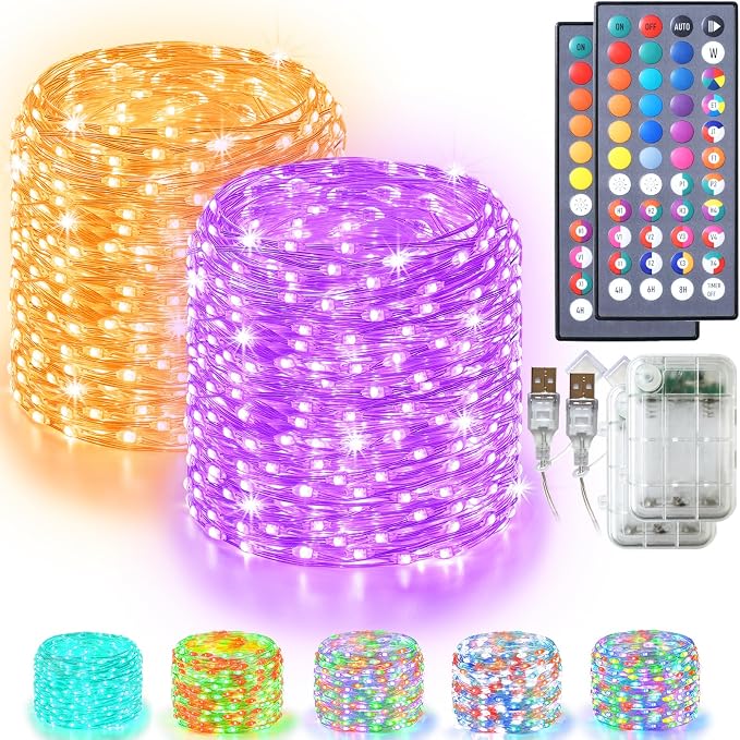Lovelite Fairy Lights 34 Colors Changing, 2 Pack Total 66FT 200LED Christmas String Lights Battery Operated USB Plug in, Waterproof Twinkle Lights with Remote for Indoor Outdoor Xmas Wedding Party