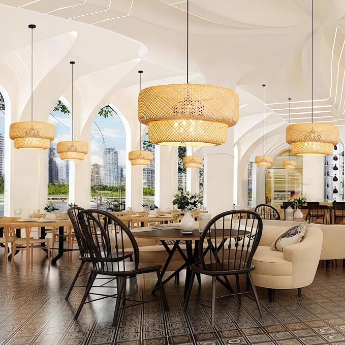 Woven Bamboo Pendant Light,23.6" Rattan Chadelier | 23.6" Boho Bamboo Chandelier,Hand Woven Wicker Hanging Light for Kitchen Island Dining Bedroom Living Room Restaurant