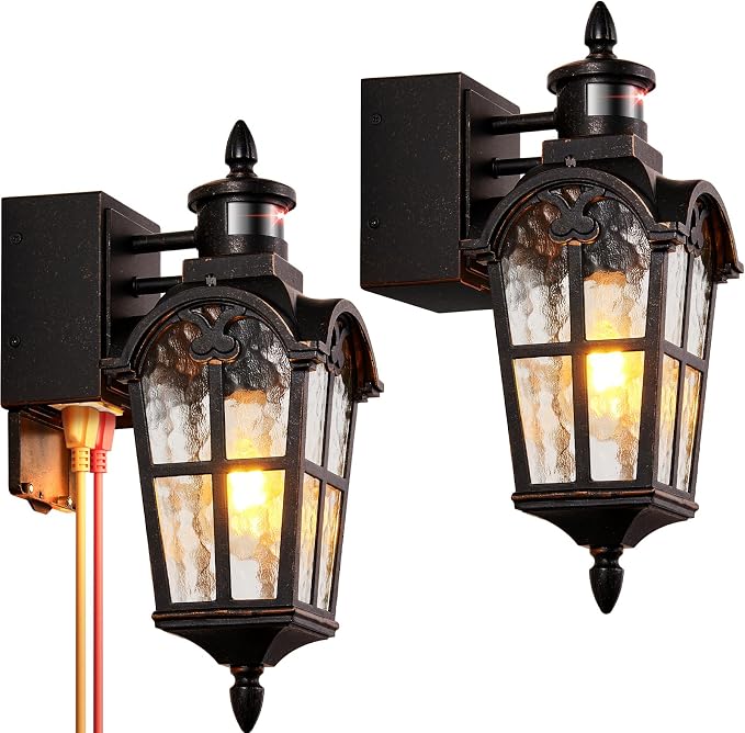 16.4" Motion Sensor Outdoor Lights with GFCI Outlet, 2-Pack ORB Outdoor Porch Light with Water Ripple Glass, 5-Modes Waterproof and Anti-Rust Dusk to Dawn Outdoor Lighting for Garage Patio