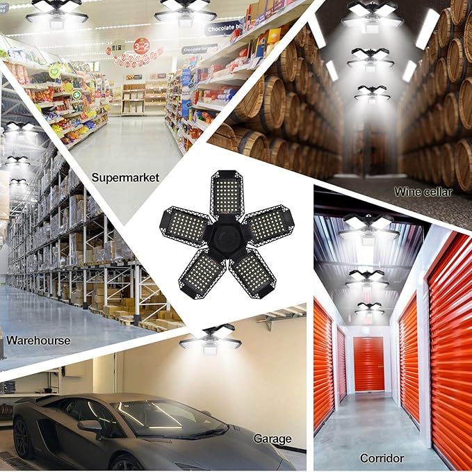 2 Pack LED Garage Lights, 120W Deformable LED Garage Ceiling Light with 5 Adjustable Panels, 12000LM E26 Shop Lamp for Basement, Barn, High Bay, Store (2 Pack)