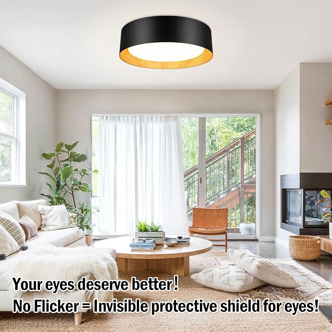 BrightHome Flush Mount Ceiling Light, 13in Modern Ceiling Light 3/4/5000K | 25W Bathroom Ceiling Light Fixture, 2600LM Dimmable LED Flush Mount Light for Bedroom, Hallway, Kitchen, Black & Wood